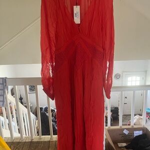 Never Fully Dressed Red Long Sleeve V-Neck Maxi Dress